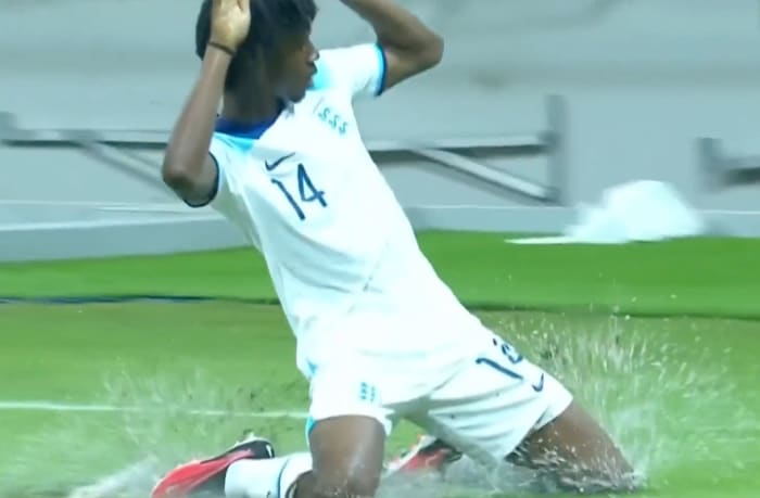 Reiss-Alexander Russell-Denny pictured celebrating after scoring a goal for England against Iran at the 2023 FIFA U17 World Cup